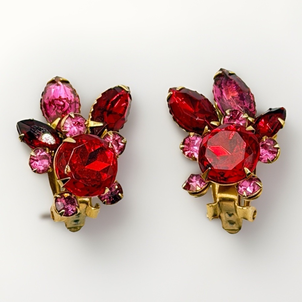 Vintage Beau Jewels Pink Red Rhinestone Clip On Earrings‎ Statement Bold